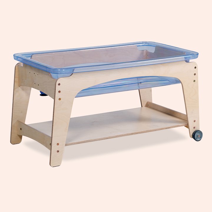 Adjustable frame with two wheels and two fixed legs and polycarbonate tray for sand or water