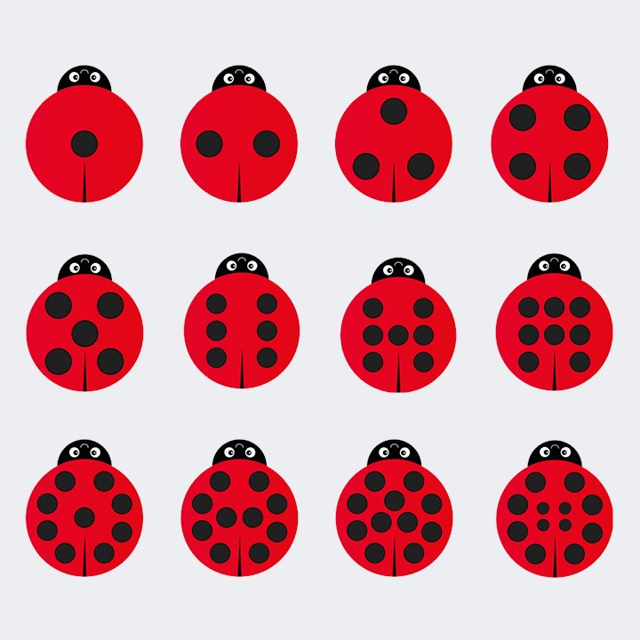 Design for ladybird cushions with 1 to 12 spots