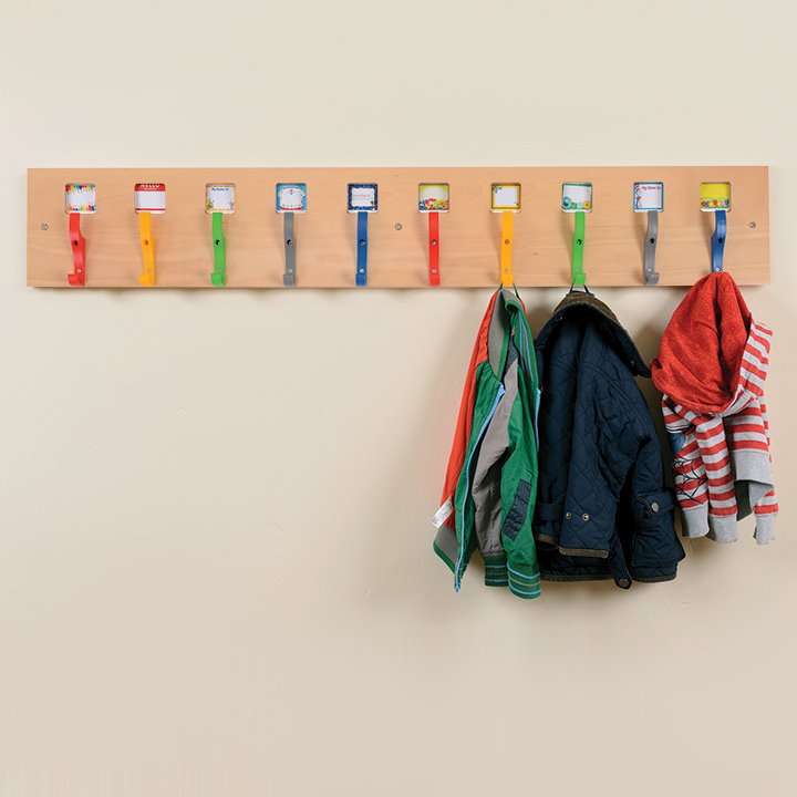 10 strong plastic hooks on a wooden panel.