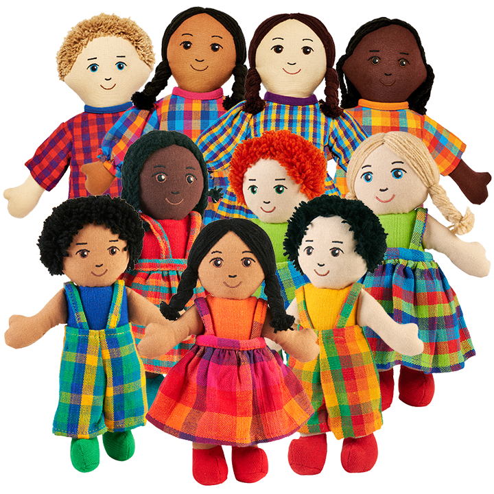 A variable mix of soft multicultural dolls