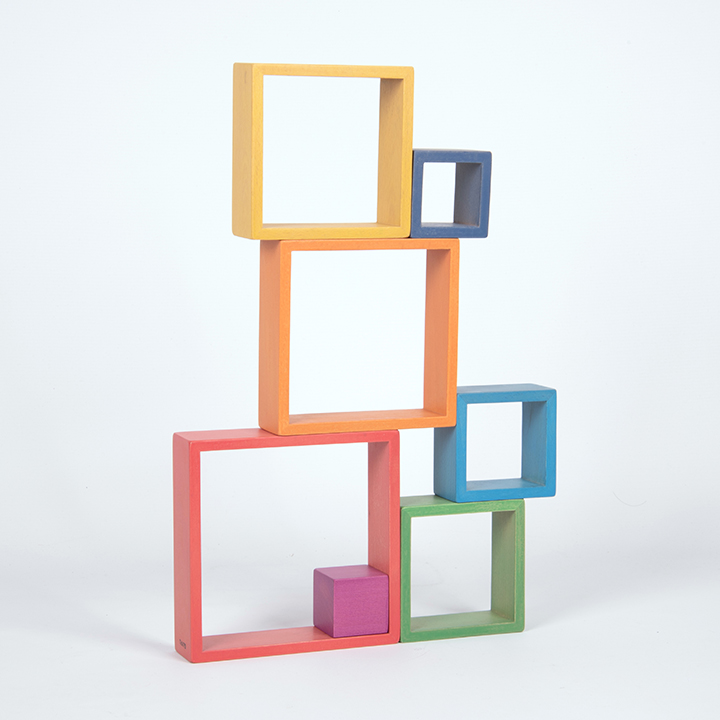 Seven colourful wooden shapes. A great STEM addition.