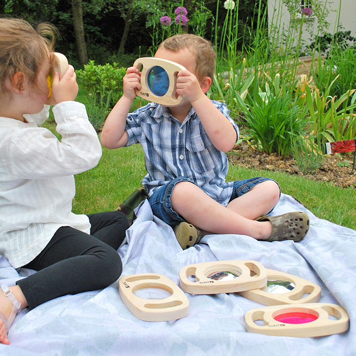 Rubberwood frames with acrylic coloured lenses