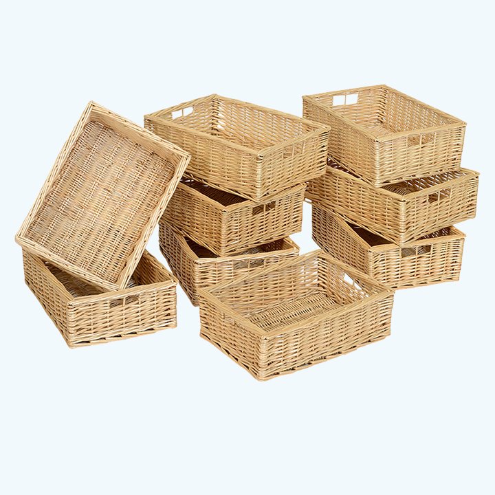 9 shallow wicker baskets
