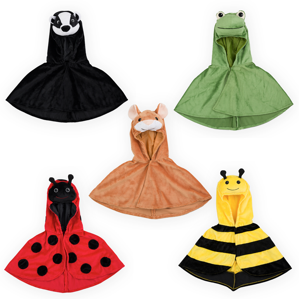 Ladybird, badger, frog, fox and bumble bee capes.