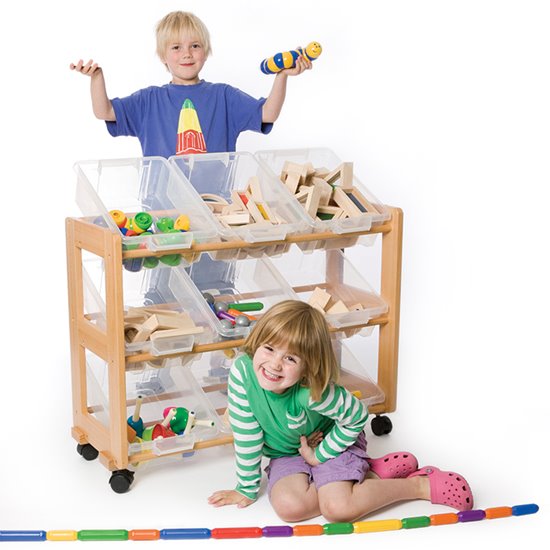 Two children and tidy rack on castors