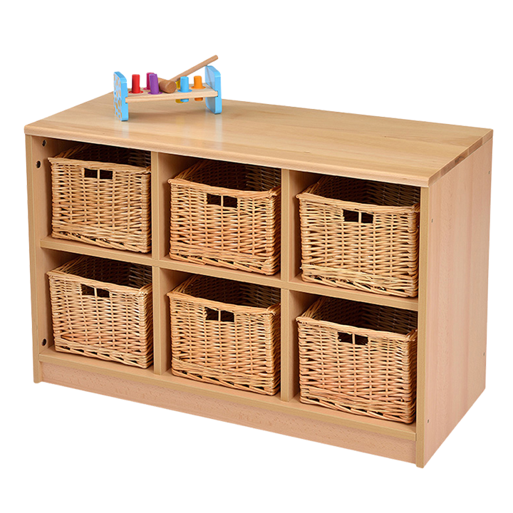 Six natural wicker baskets fitted neatly into a cubby unit