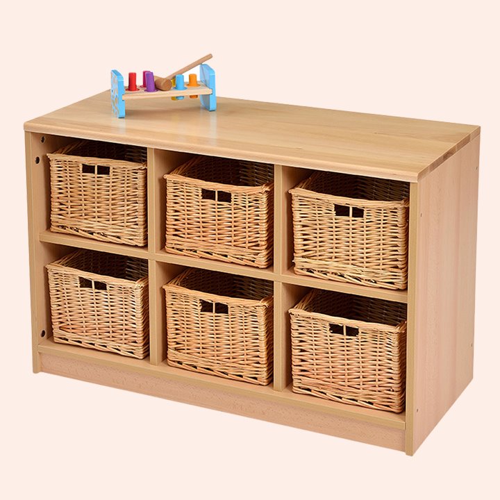 Six natural wicker baskets fitted neatly into a cubby unit