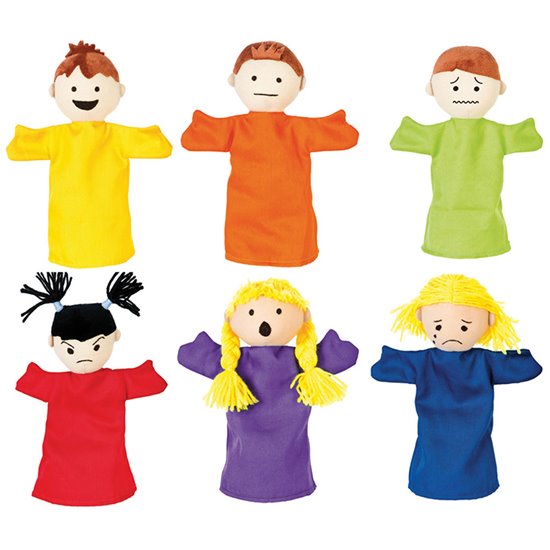Set of six hand puppets showing different emotions.