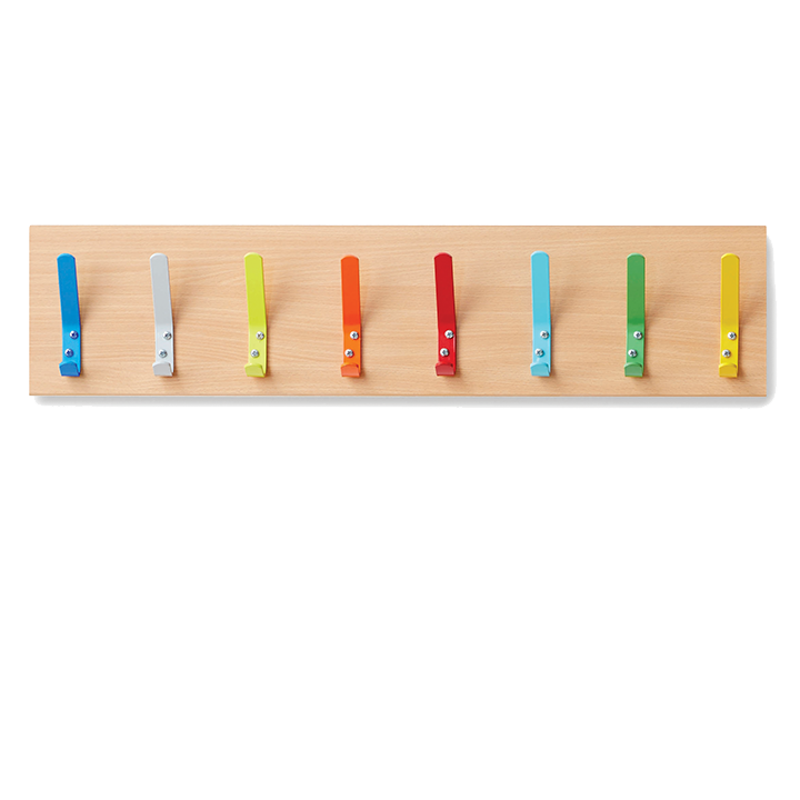 Multicoloured hooks on a beech wood plank