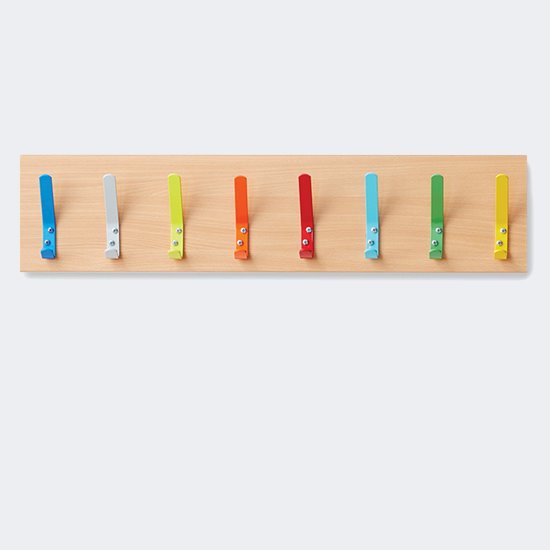 Multicoloured hooks on a beech wood plank