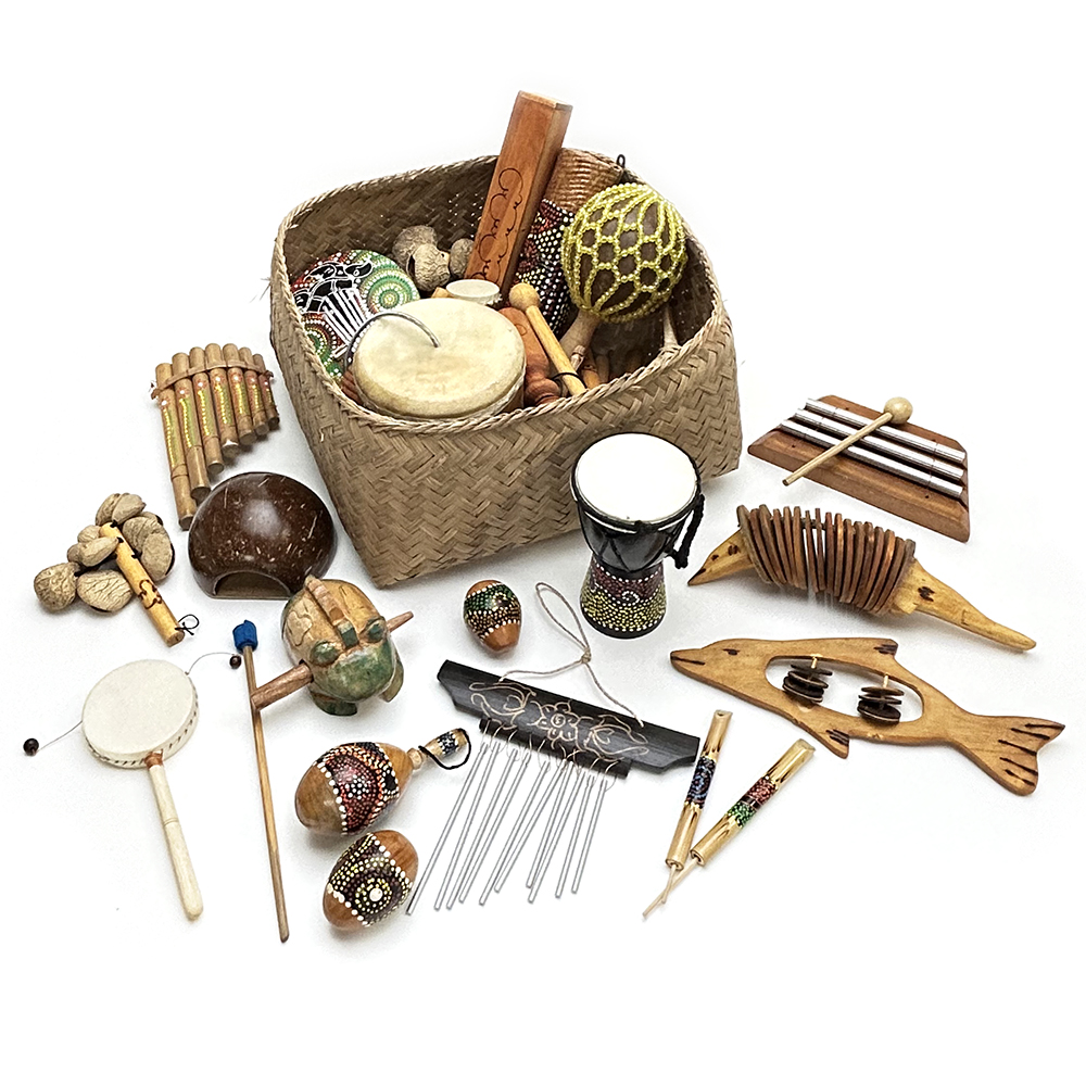 Ethnic instruments in a bamboo basket