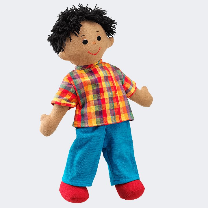 Dad rag doll with dark hair and tanned skin
