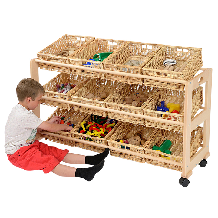 8 Mobile storage rack with wicker baskets.