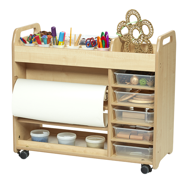 Wooden trolley with compartments filled with arts and craft supplies