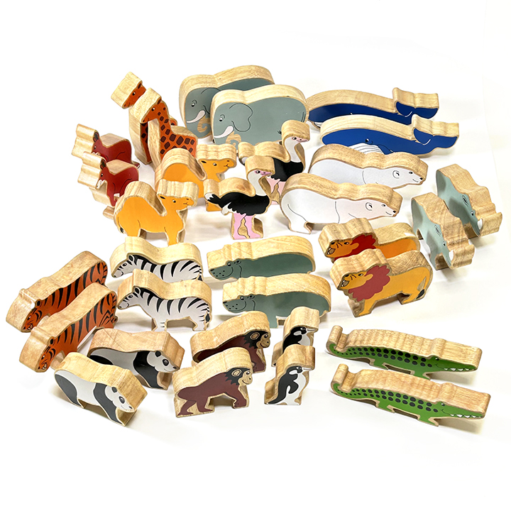 Set of 32 chunky coloured wooden animals