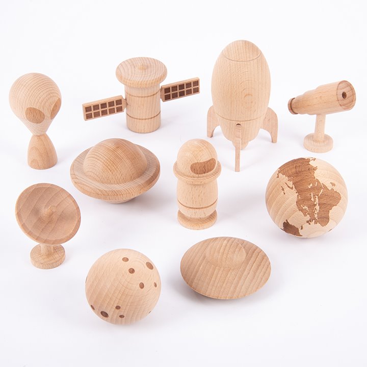 Solid beechwood characters, planets and space equipment with intricate layered details.