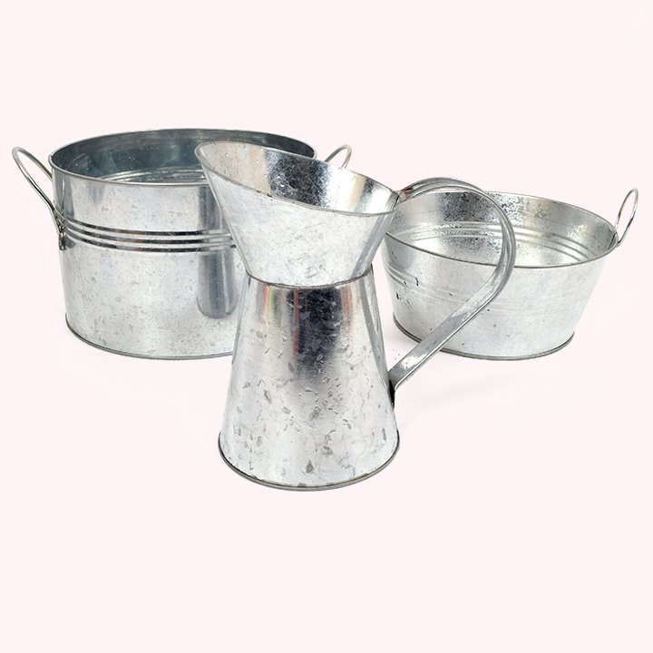 Set of metal pots and jug