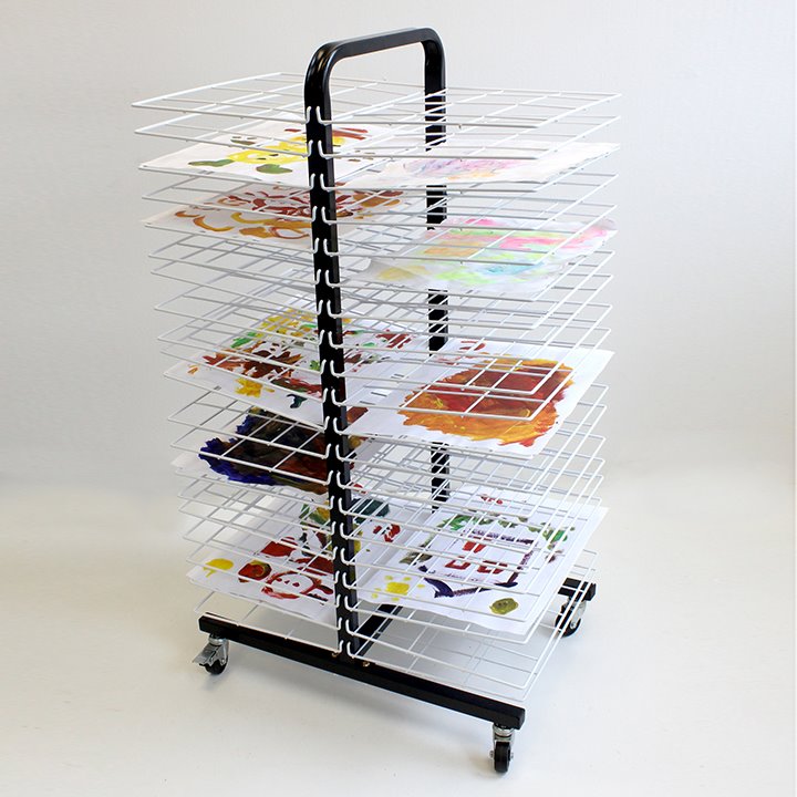 A wheeled, plastic coated metal drying rack with 40 shelves