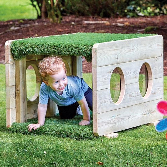 Wood and artificial grass play tunnel