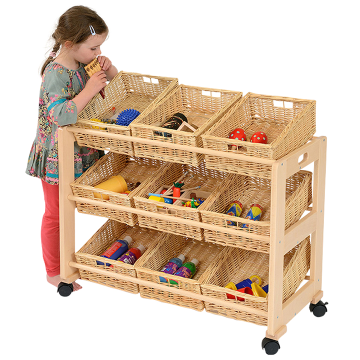 Mobile storage rack with wicker baskets.