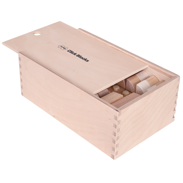 Click blocks stored away in box with sliding lid