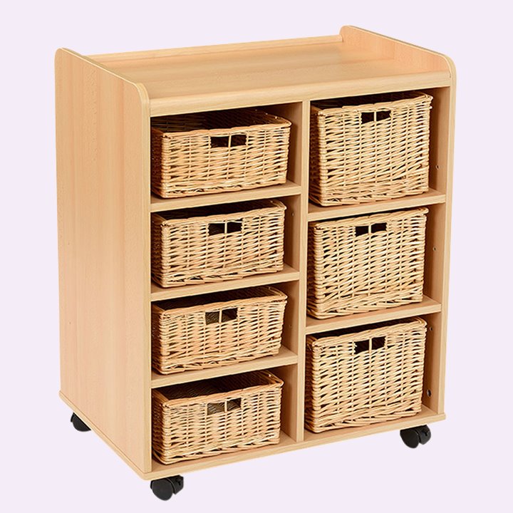 Beech unit holds four shallop and three deep natural wicker storage baskets