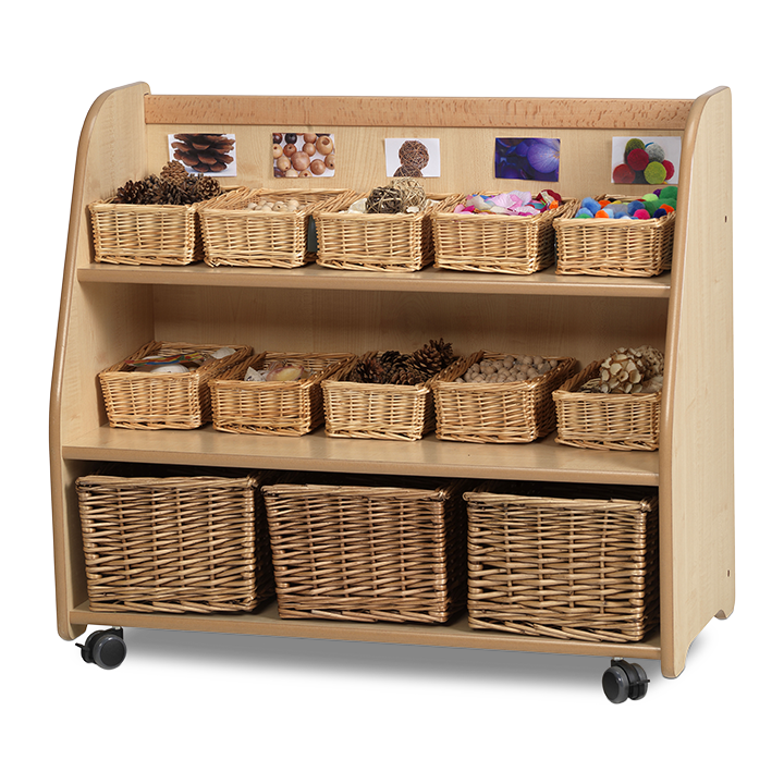 Shelf unit stacked with baskets of loose parts