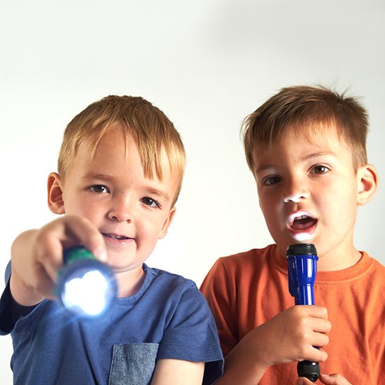 Two boys holding a handy torch each