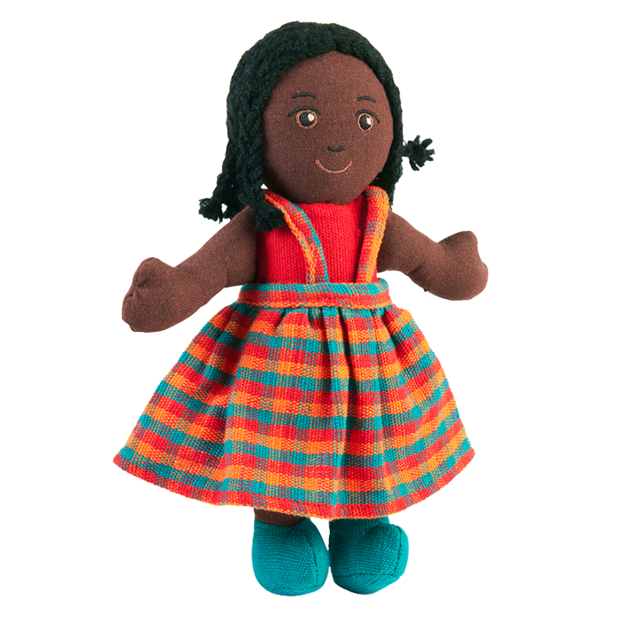 Soft multicultural doll with black hair and black skin
