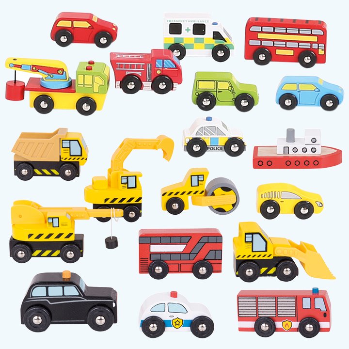 cars, ambulance, police cars, construction vehicles, buses, taxi, breakdown truck and a boat!