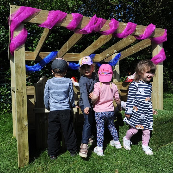 Children playing open-ended addition to your outdoor role play area with endless possibilities