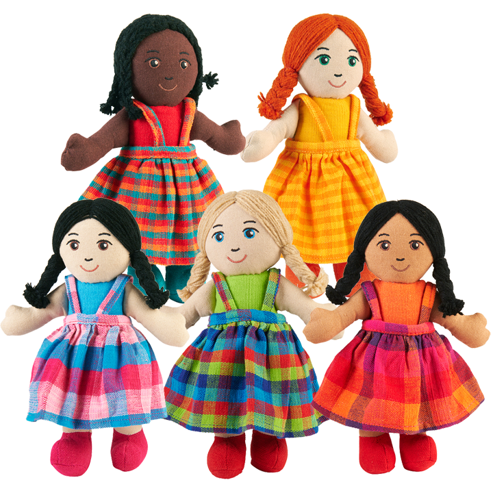 Five types of soft multicultural doll