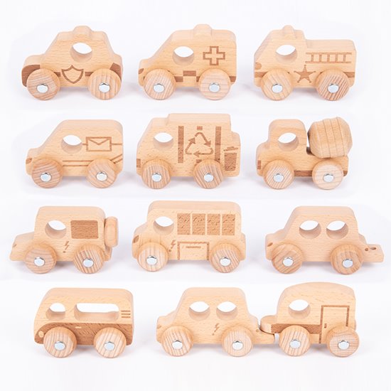 Set of 12 wooden vehicles lined up