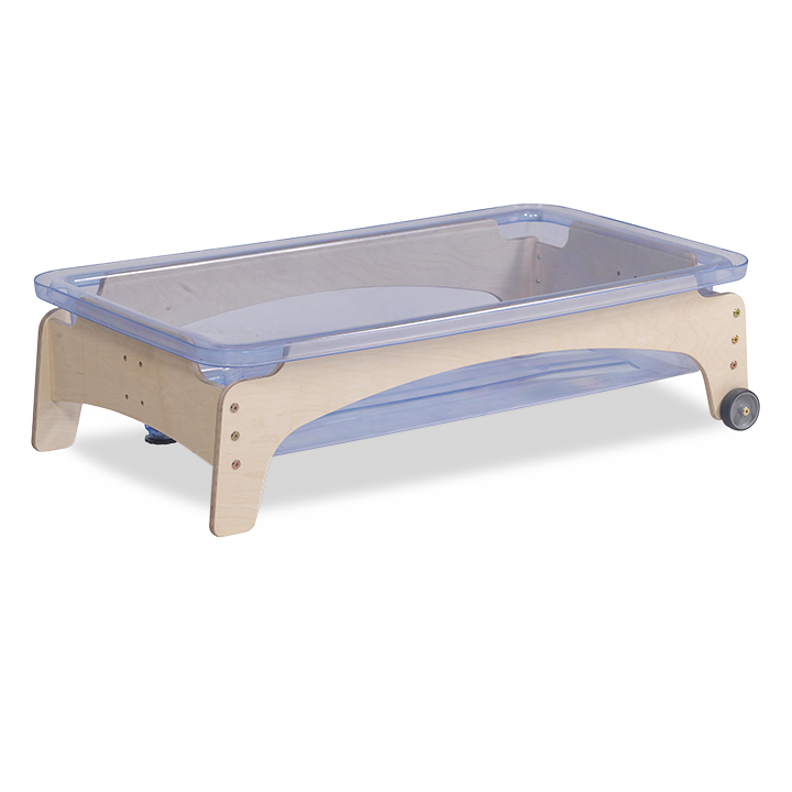 frame with two wheels and two fixed legs and polycarbonate tray for sand or water