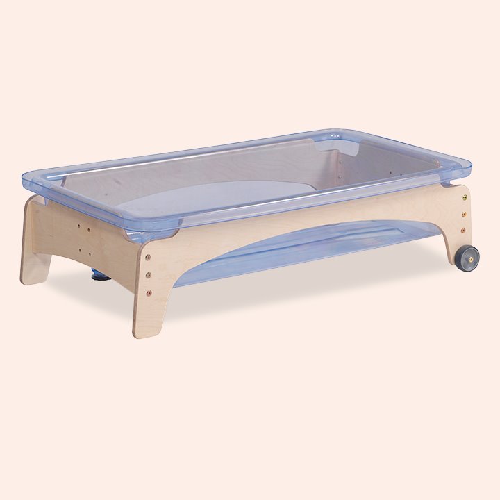 frame with two wheels and two fixed legs and polycarbonate tray for sand or water