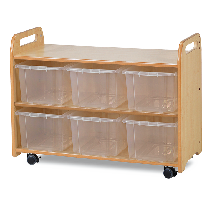 Sturdy unit with clear boxes and castors