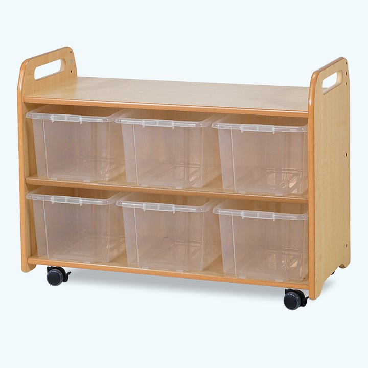 Sturdy unit with clear boxes and castors