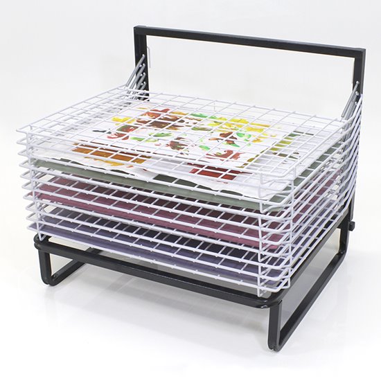 Floorstanding drying rack containing 10 A3 coated metal shelves