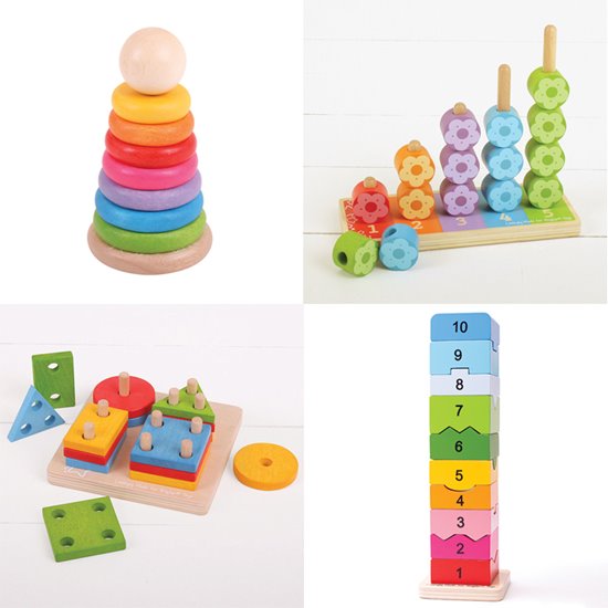 Set of four toys for stacking, sorting, counting and matching