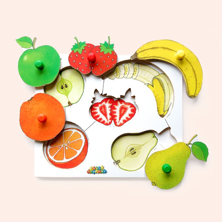 Pear, orange, apple, banana and strawberry fruit peg puzzles