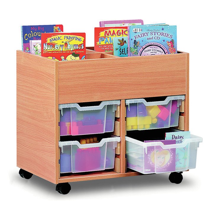 Beech faced MFC book storage unit with clear bins