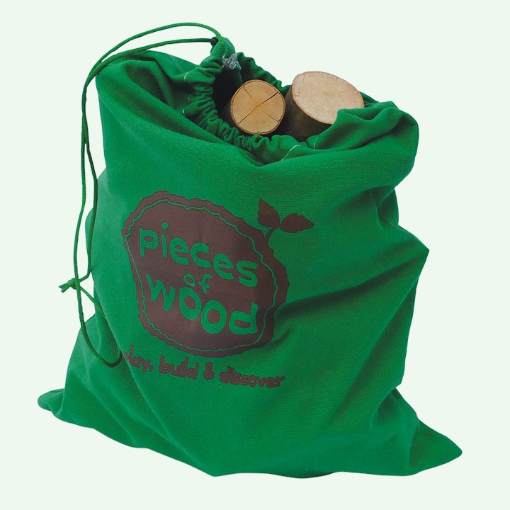 Drawstring bag contains wood pieces