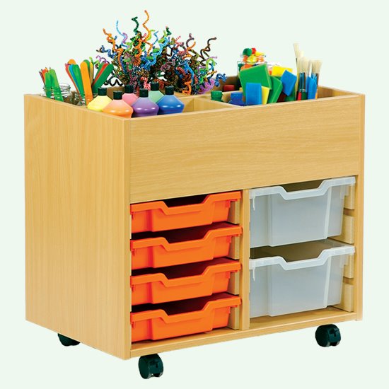 Wheeled art box unit with cubbies, shallow trays and deeper storage bins