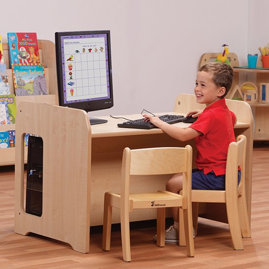 Wooden computer station unit with chair