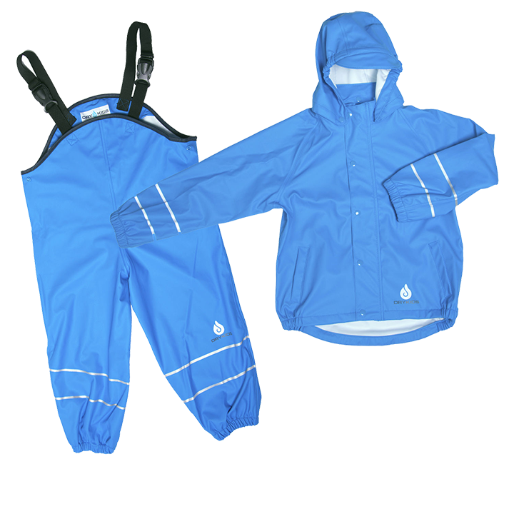 Blue waterproof jacket and dungaree set, play all weather