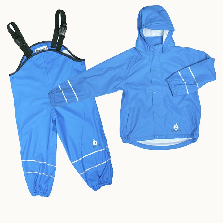 Blue waterproof jacket and dungaree set, play all weather
