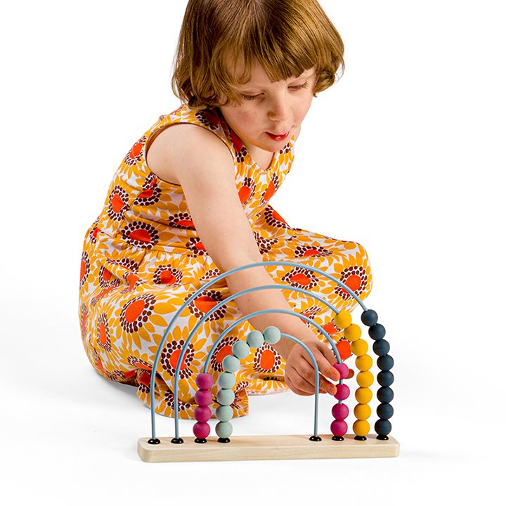 Child moving beads on curved abacus