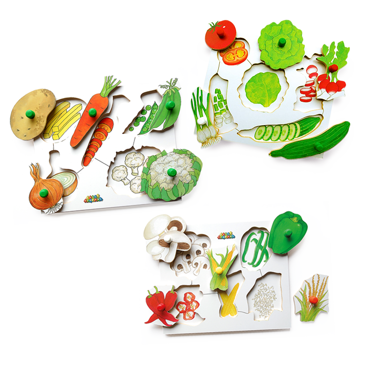 Set of 3  wooden peg boards to encourage healthy eating.
