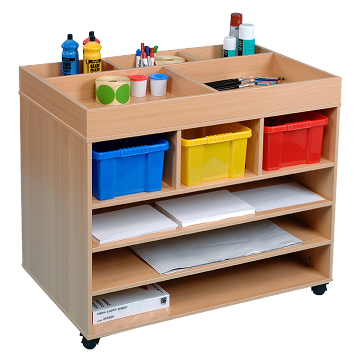 Beech faced MFC art trolley with coloured sliding bins