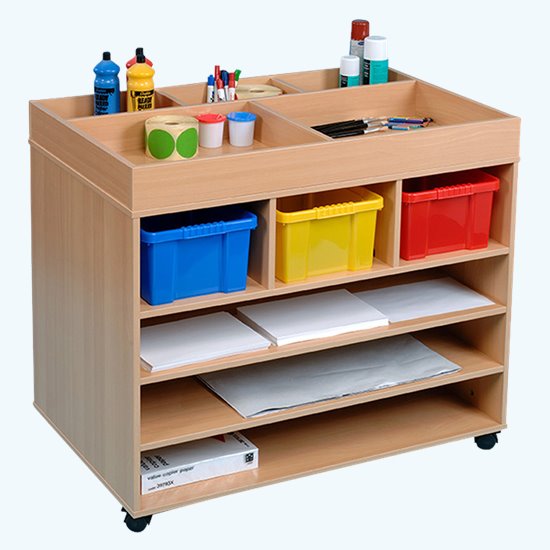 Beech faced MFC art trolley with coloured sliding bins